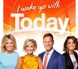 "Four TV hosts pose together under 'I wake up with Today' text on orange background."