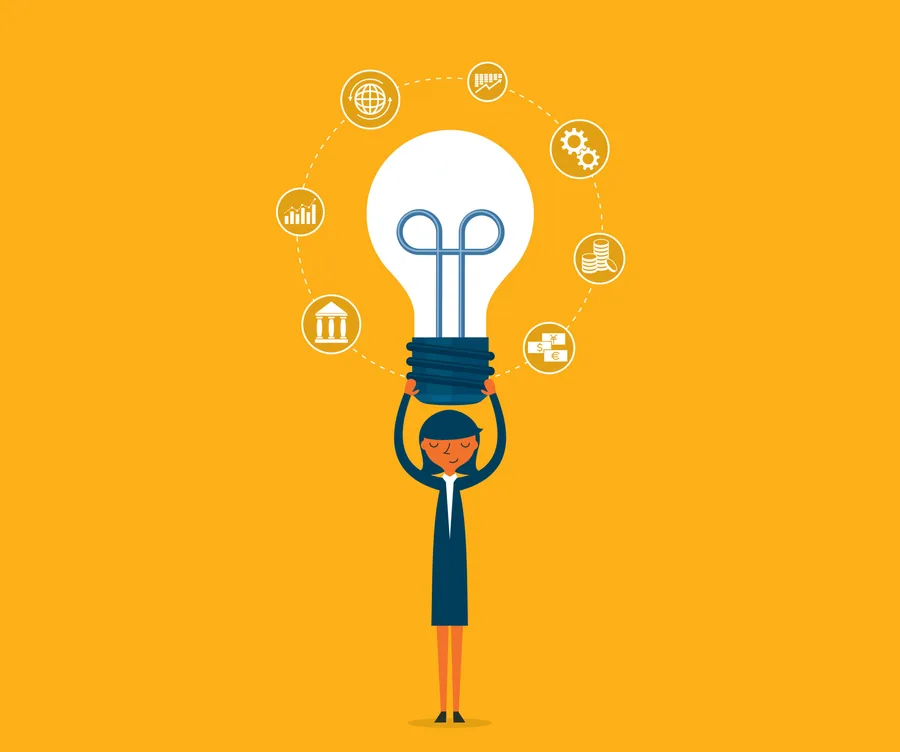 A person holding a large light bulb above their head, surrounded by icons of financial and business concepts, on a yellow background.
