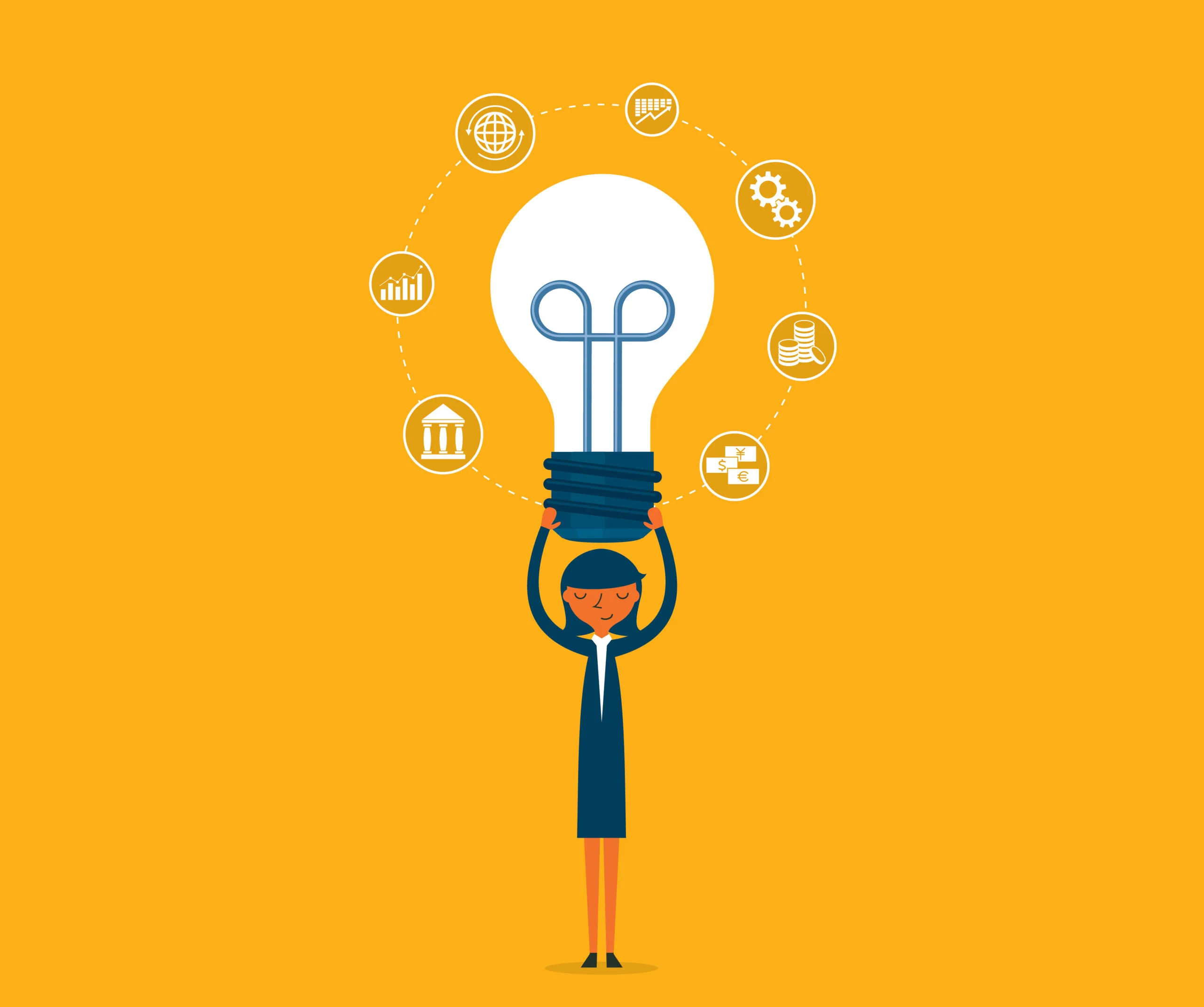 A person holding a large light bulb above their head, surrounded by icons of financial and business concepts, on a yellow background.