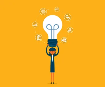 A person holding a large light bulb above their head, surrounded by icons of financial and business concepts, on a yellow background.