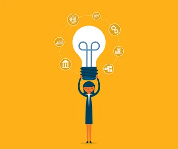 A person holding a large light bulb above their head, surrounded by icons of financial and business concepts, on a yellow background.