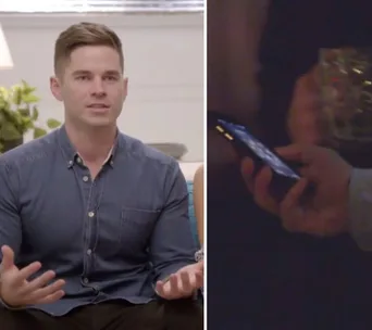 Man in blue shirt talking; split with dimly lit scene of hand holding a phone and glass.