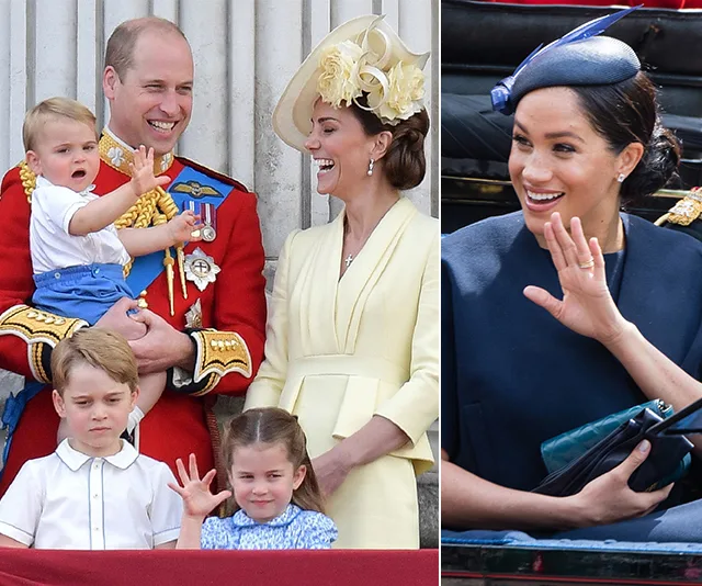 A royal family waves from a balcony, Duchess in navy waves from a carriage during Trooping the Colour 2019.