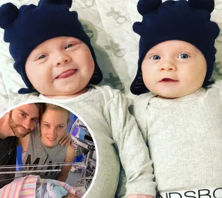 Twin babies wearing blue hats lying on a blanket, with a photo inset of two adults beside a baby in a hospital.