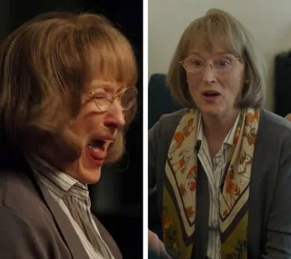 Meryl Streep's character in dramatic scene, screaming on left, calm and talking on right, wearing glasses and scarf.