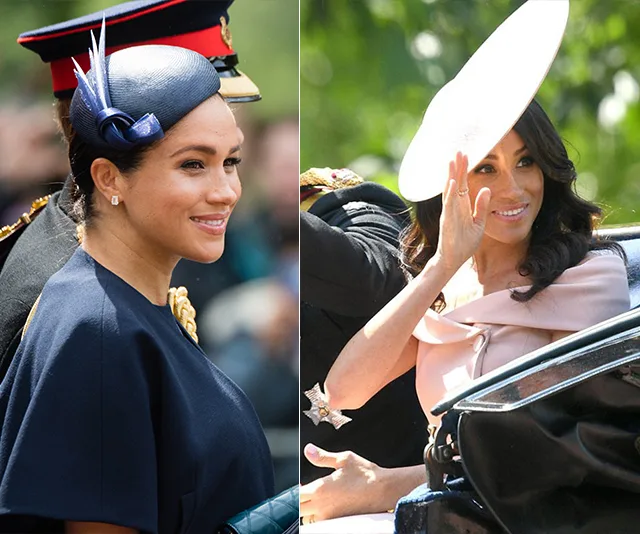 Meghan Markle at Trooping the Colour event, wearing a blue outfit and hat on the left and a pale pink dress with white hat on the right.