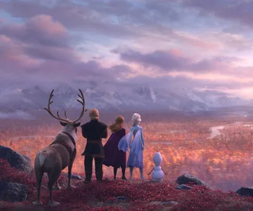 Elsa, Anna, Kristoff, Olaf, and Sven gaze over a vast, colorful autumn landscape with mountains in the distance.