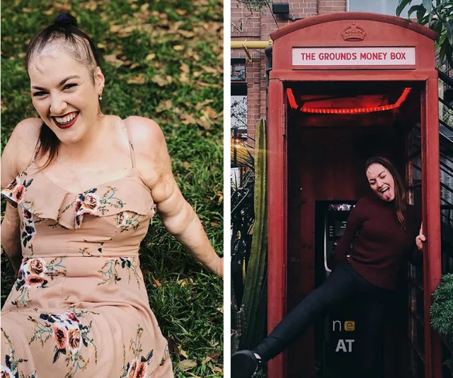 A woman in a floral dress sits on grass, smiling; next, she playfully poses by a red phone booth.