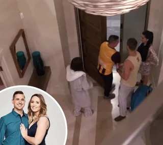 Participants gather near the doorway in a house, with an inset of a couple posing together.