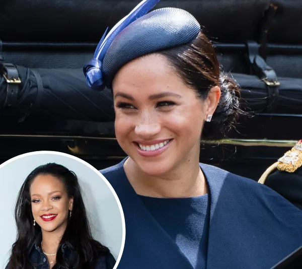 Meghan Markle smiling in a navy outfit and hat, with an inset of Rihanna in a black jacket, both looking cheerful.