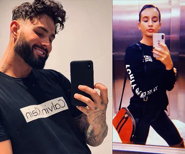 A man and a woman taking selfies in separate locations, both holding phones and posing confidently.