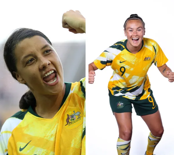 Australian soccer players in yellow jerseys celebrate enthusiastically in separate images.