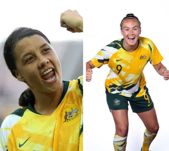Australian soccer players in yellow jerseys celebrate enthusiastically in separate images.