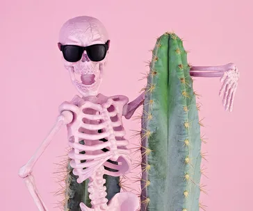 A pink skeleton wearing sunglasses poses cheerfully beside a cactus against a pink background.