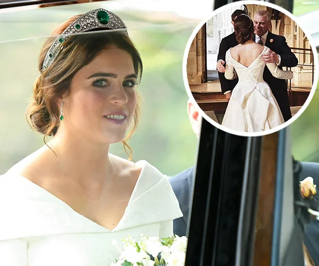 Princess in a wedding dress with a tiara, inset shows her dancing with a man.