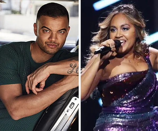 Guy Sebastian seated with folded arms; Jessica Mauboy singing on stage in a glittery outfit at Logies 2019.