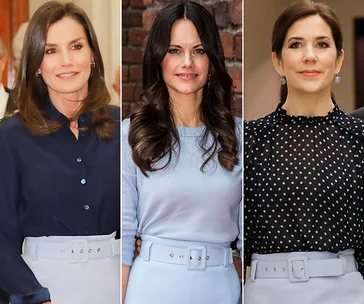 Three women in elegant blue tops and light blue skirts, each with different hairstyles and expressions.