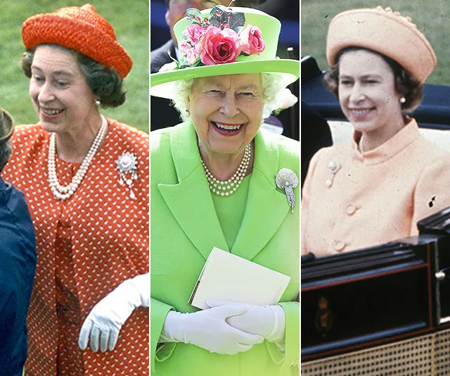 Three images of a smiling woman at different Royal Ascot events, wearing colorful outfits and hats.