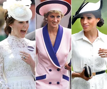 Three women in elegant hats at Royal Ascot, wearing lace and tailored outfits in white, pink, and black-and-white.