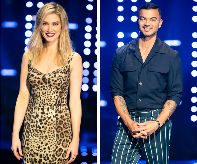 Two judges from a singing competition, one in a leopard print dress and the other in a dark shirt with striped pants.