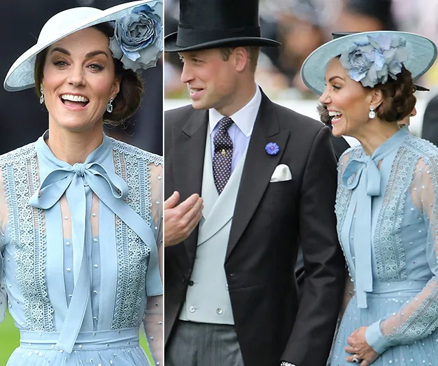 Kate Middleton in a light blue lace dress with matching hat, smiling at the Royal Ascot 2019.