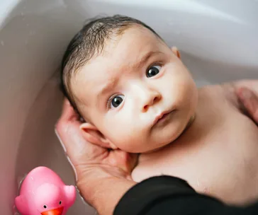A baby being bathed in a tub, held gently, with a pink rubber duck nearby.