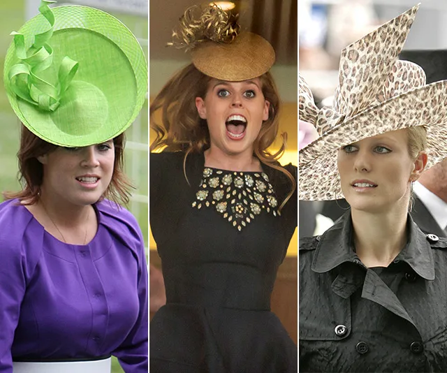 Women wearing elaborate hats: one in green, one surprised in brown, and one in leopard print, at a formal event.