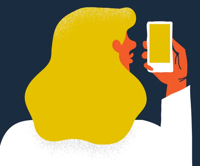 Illustration of a person with yellow hair holding a smartphone, viewed from behind, against a dark background.