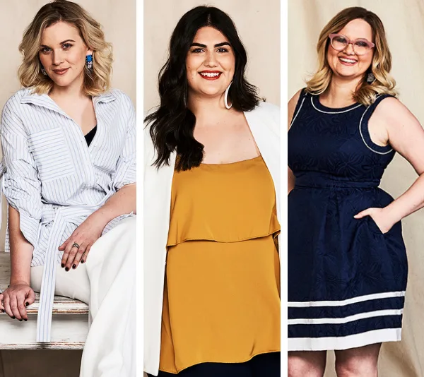 Three women in stylish outfits, each smiling and posing confidently against a neutral backdrop.