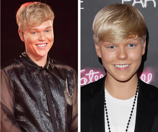 Two side-by-side images of a smiling person with blond hair. One in a sparkly outfit, the other in a black jacket.