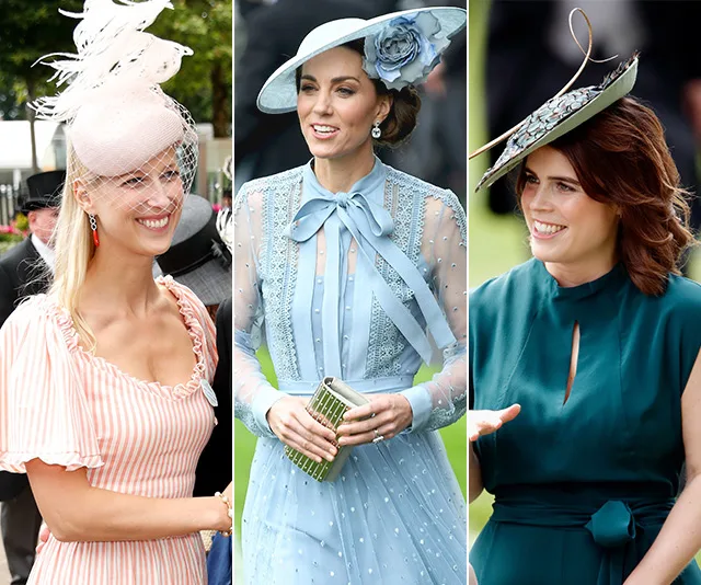 Women in elegant hats and dresses at Royal Ascot 2019, showcasing diverse styles in peach, blue, and green outfits.