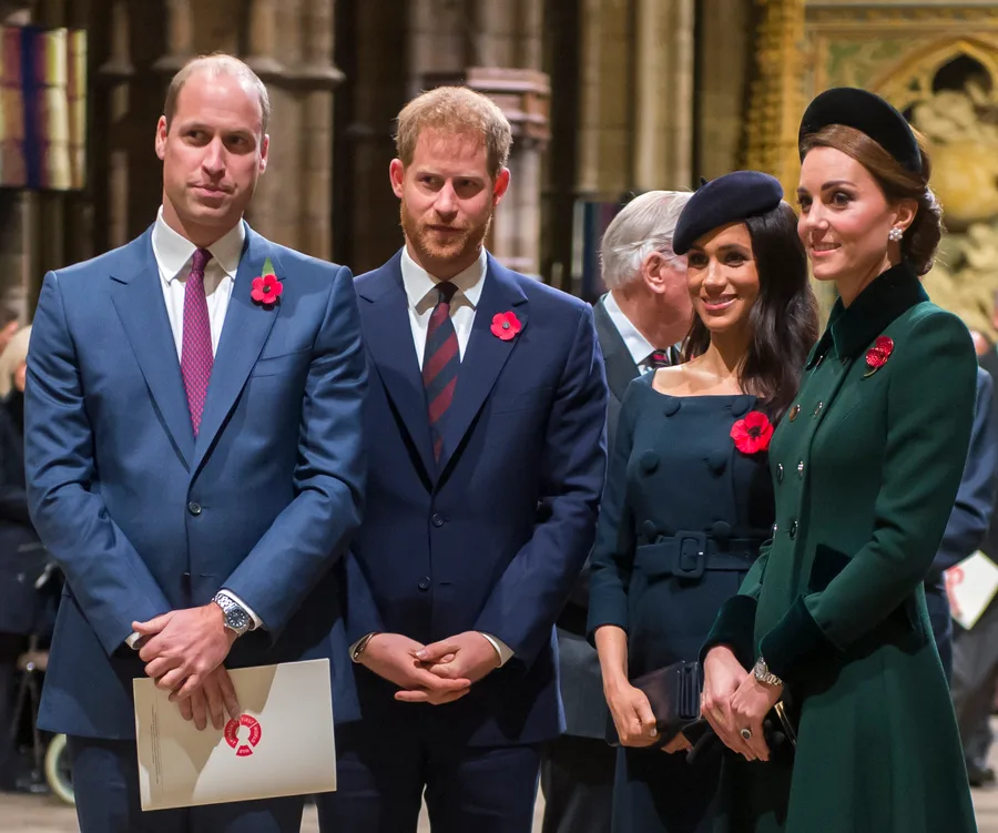 Royal family members at a formal event wearing poppy pins, standing side by side in elegant attire.