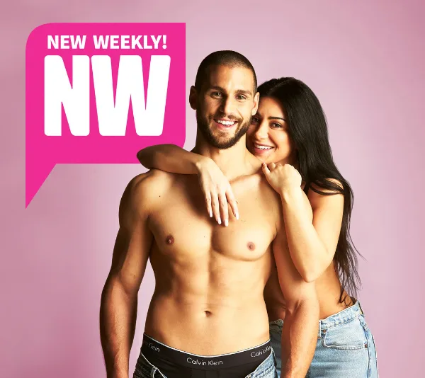 A smiling woman hugs a shirtless man from behind; "NEW WEEKLY! NW" text on a pink background.