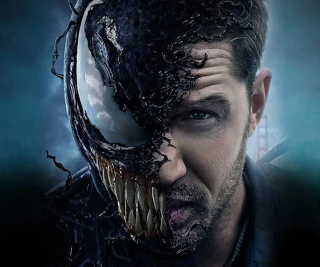 Half-human, half-symbiote image of Eddie Brock transforming into Venom, with sharp teeth and dark, textured skin.