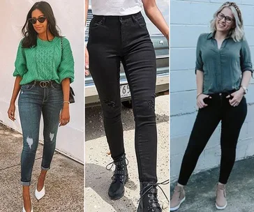 Three women wearing different styles of jeans, showcasing fashion looks with sweaters and boots in casual settings.