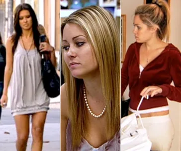 Three young women in casual outfits from the reality TV show "The Hills" in different scenes.