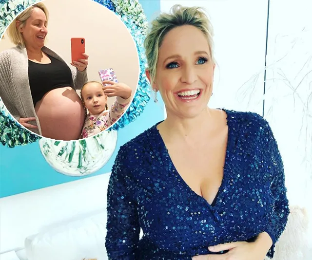 Pregnant person in a blue dress smiling; inset shows them taking a mirror selfie with a child, highlighting the baby bump.
