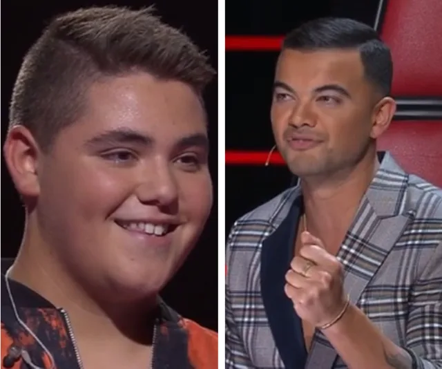 Jordan Anthony smiling, paired with a judge in a checkered suit listening intently on "The Voice."