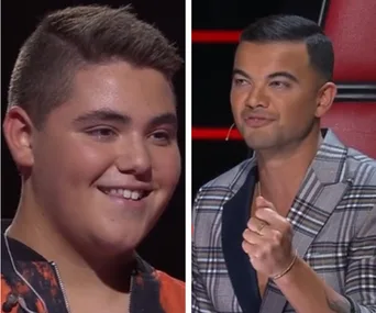 Jordan Anthony smiling, paired with a judge in a checkered suit listening intently on "The Voice."