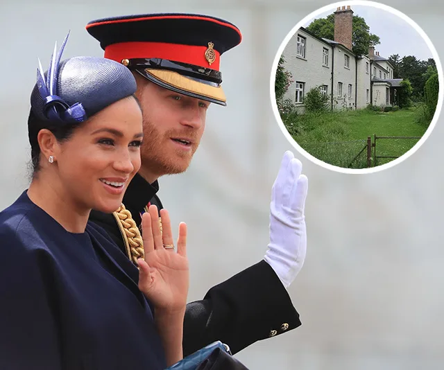 Two people waving, one in military attire; inset shows a view of Frogmore Cottage with greenery.