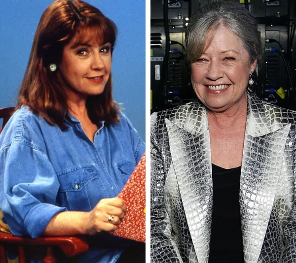 Noni Hazlehurst, young and present; left in blue shirt, right in patterned jacket, smiling at both stages.