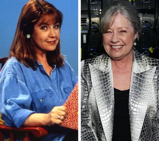 Noni Hazlehurst, young and present; left in blue shirt, right in patterned jacket, smiling at both stages.