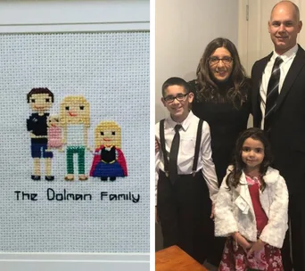 Cross-stitch artwork of a family labeled "The Dolman Family" beside a family portrait of four people dressed formally.