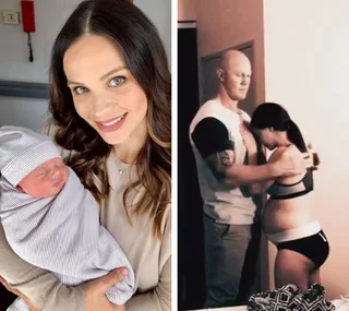 Woman holding newborn in one image, couple embracing during labor in another.