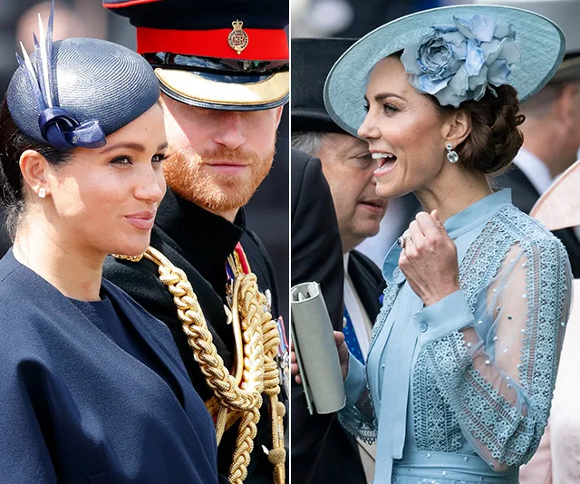 Two women in formal attire and hats at a public event, each in separate frames.