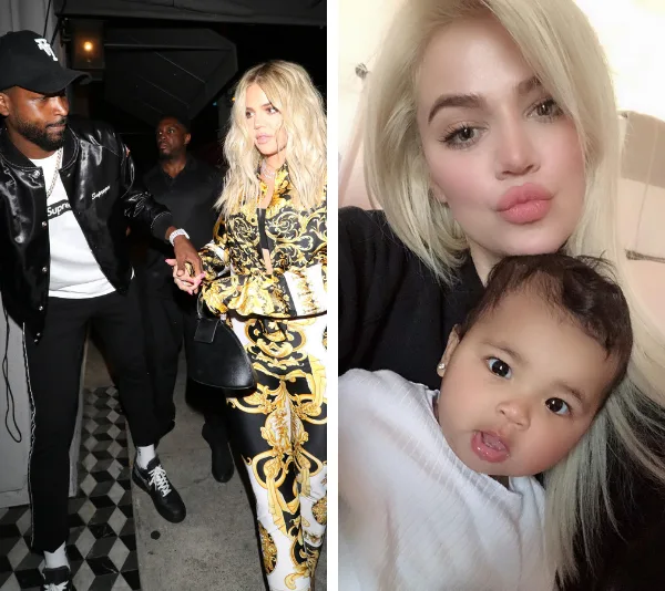 Couple holding hands, woman in patterned outfit; woman with baby making a pouty face for a selfie.