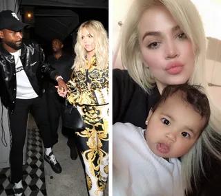 Couple holding hands, woman in patterned outfit; woman with baby making a pouty face for a selfie.