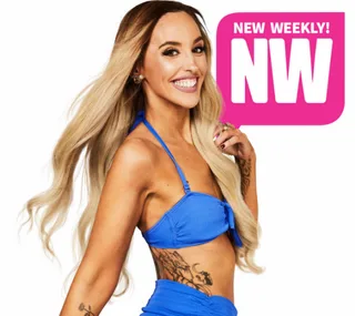 Lizzie from "Married at First Sight" in a blue outfit, smiling with "New Weekly" magazine logo behind her.