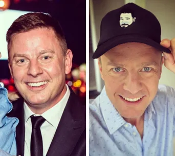 Two images: Left shows a man in a suit smiling; right shows a man in a baseball cap with an illustrated face on it.