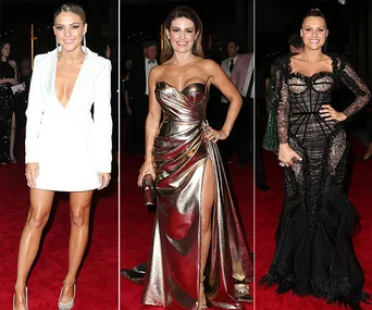 Red carpet event with three women in stylish dresses posing for photos at the Logies 2019.